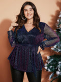 Sequin Mesh Lantern Sleeve Wrap Belted Striped Blouse