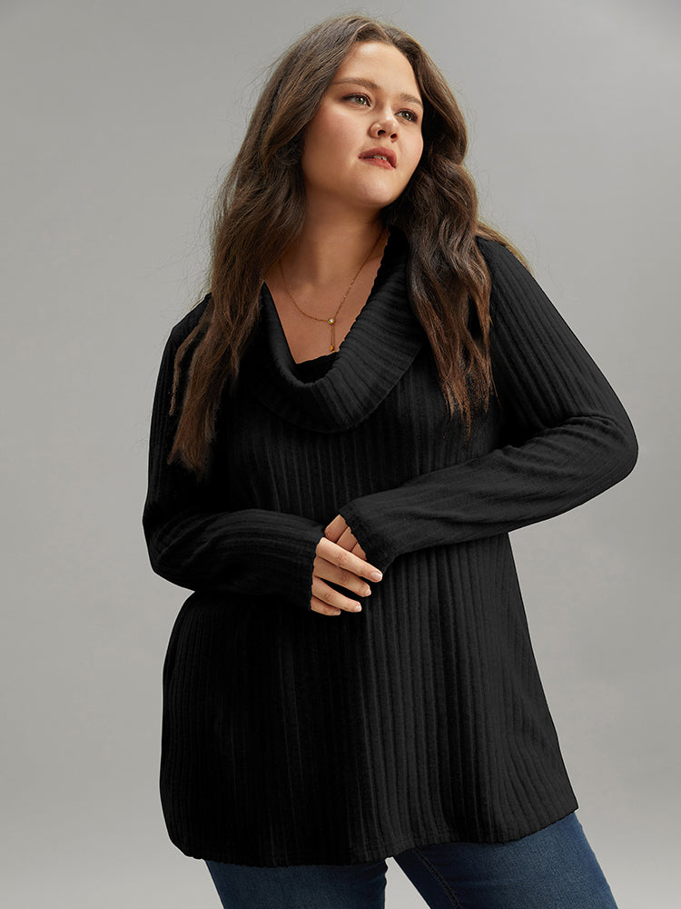 Plain Rib Knit Cowl Neck T-Shirt
