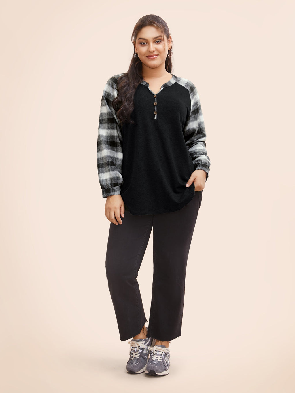 Plaid Patchwork Notched Button Detail Sweatshirt